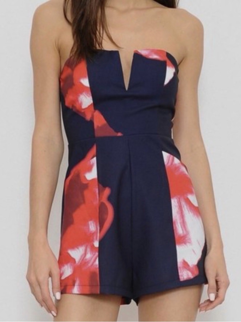 L'ATISTE Navy Blue Strapless Romper with Red Floral Print